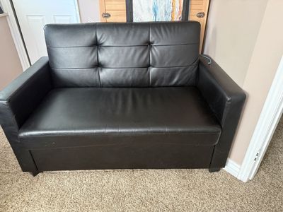 Black Faux Leather Twin Sleeper Loveseat - Tufted Back, Square Arms, Pull-Out Bed