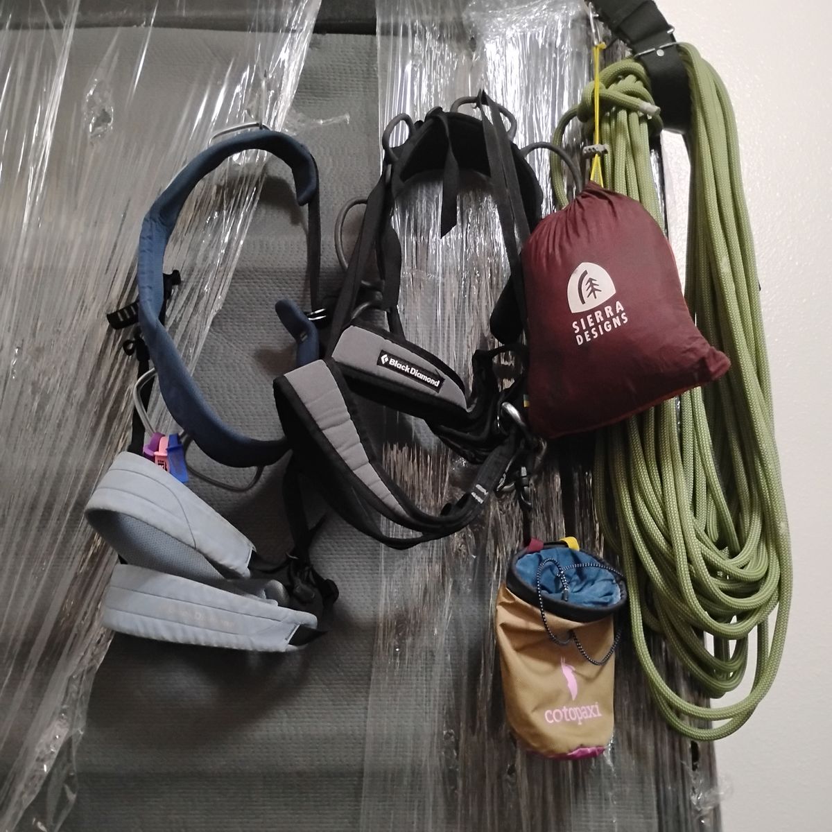 Black Diamond & Cotopaxi Climbing Gear Lot - 2 Harnesses, Rope, Chalk Bag & Hammock