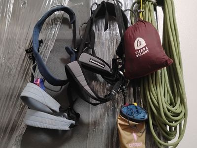 Black Diamond & Cotopaxi Climbing Gear Lot - 2 Harnesses, Rope, Chalk Bag & Hammock
