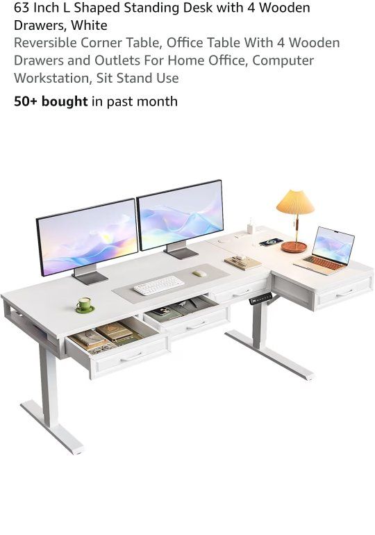 63" Electric L-Shaped Standing Desk with 4 Drawers – White, NEW IN BOX  #477