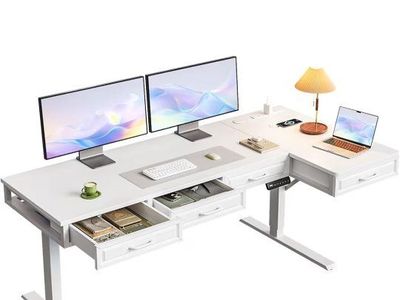 63" Electric L-Shaped Standing Desk with 4 Drawers – White, NEW IN BOX #477