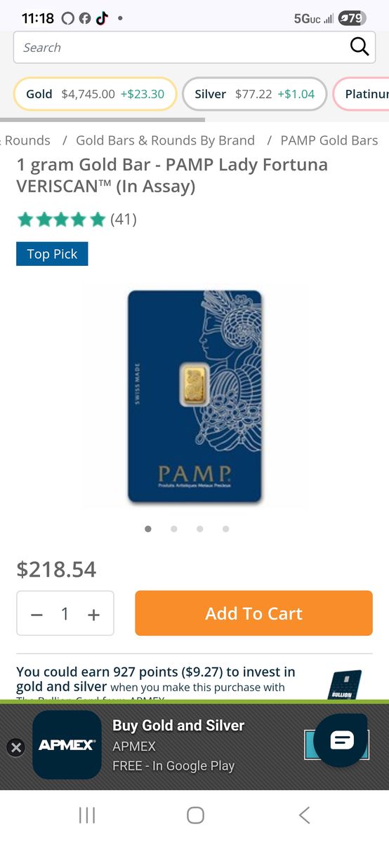 1 gram Gold Bar - PAMP Lady Fortuna VERISCAN™ (In Assay)