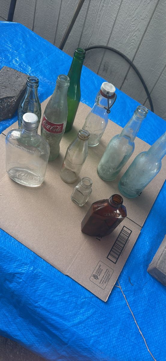 Vintage Mixed Glass Bottle/crystal dishes Lot - Coca-Cola, Green, Clear & Aqua Hues - Collectible Decor