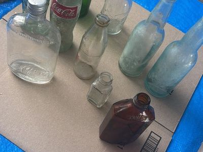 Vintage Mixed Glass Bottle/crystal dishes Lot - Coca-Cola, Green, Clear & Aqua Hues - Collectible Decor