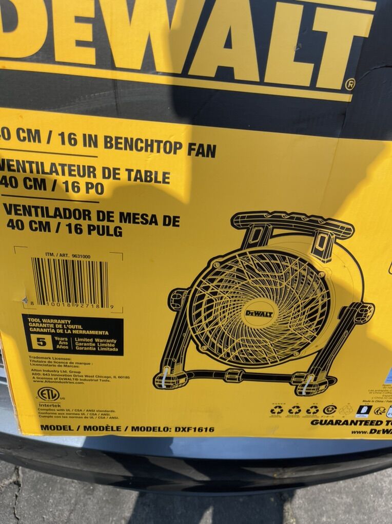 Almost New 16 Bench Top Dewalt Fan