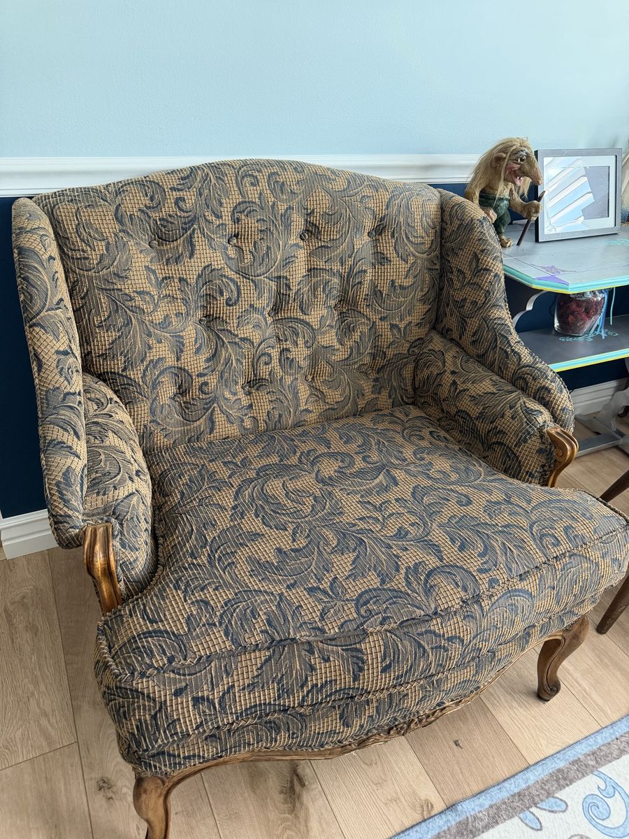 Vintage Wingback Accent Chair and Brown Fabric Sofa Set