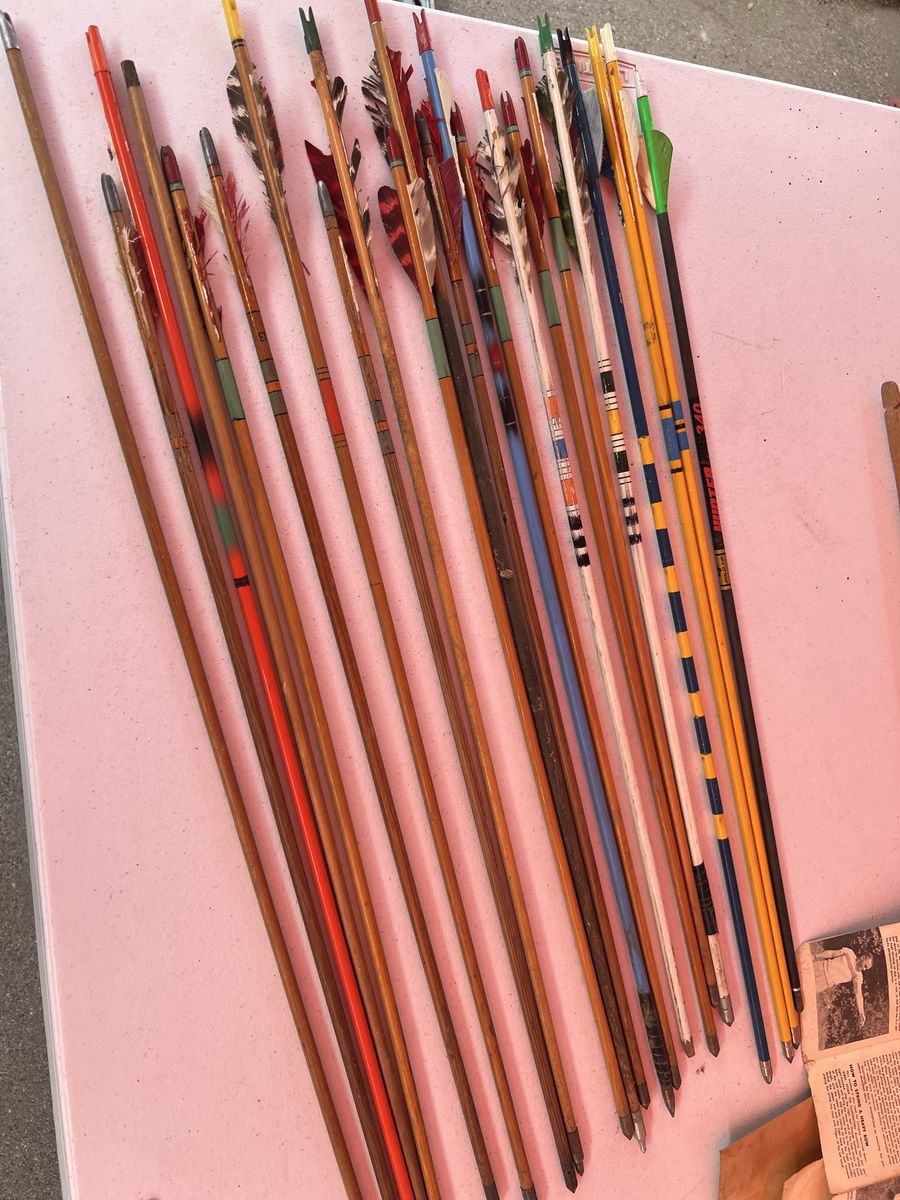 Vintage Wooden Archery Arrows Lot with Feather Fletching and Accessories