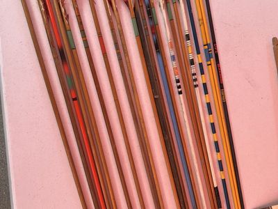 Vintage Wooden Archery Arrows Lot with Feather Fletching and Accessories