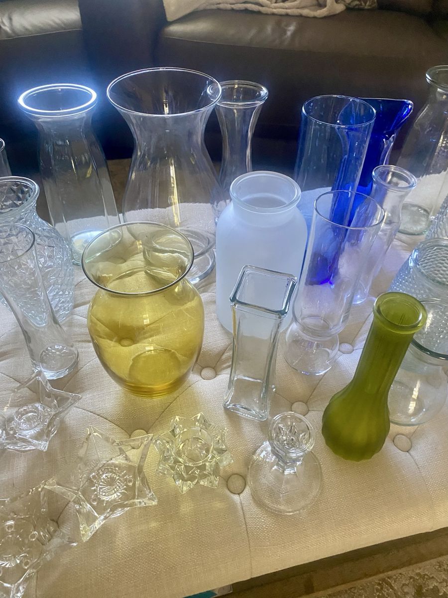 For wedding rental     Assorted Glass Vases & Candle Holders - Clear, Blue, Yellow, Green Decor Set
