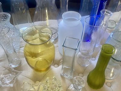 For wedding rental Assorted Glass Vases & Candle Holders - Clear, Blue, Yellow, Green Decor Set