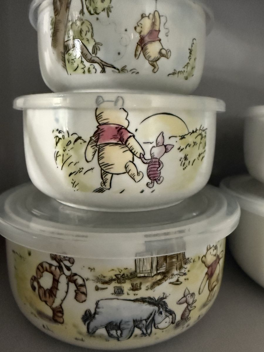 Disney Winnie Pooh storage bowls with lids. 5 pieces