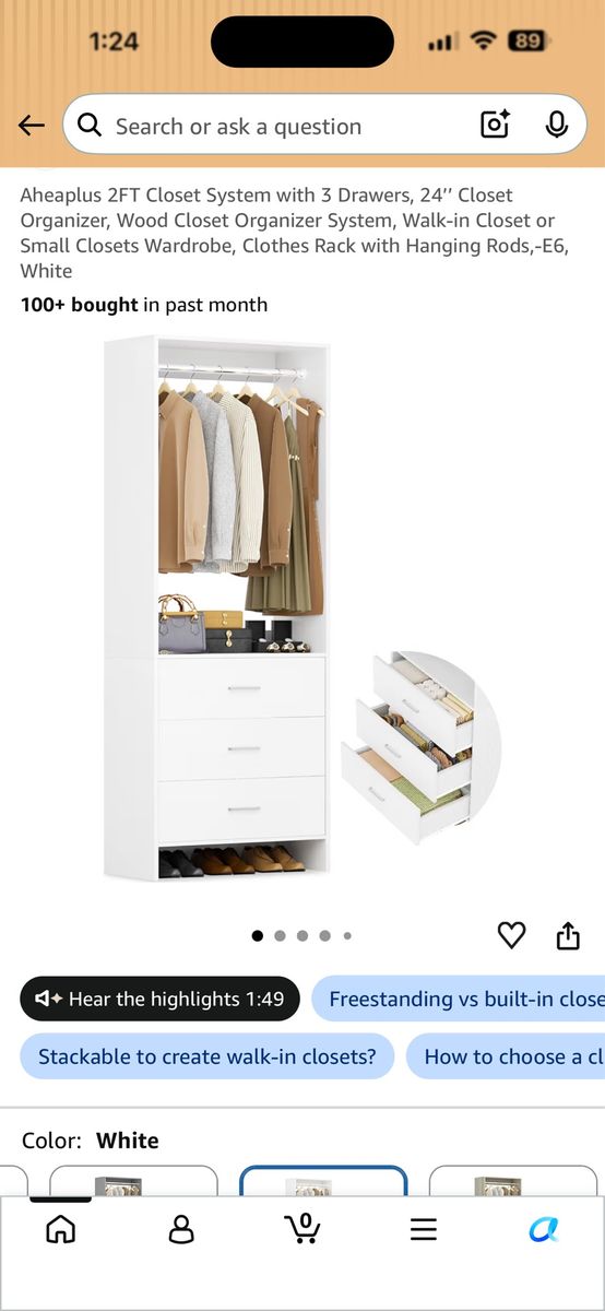 Closet Organizer with drawers and hanging rack