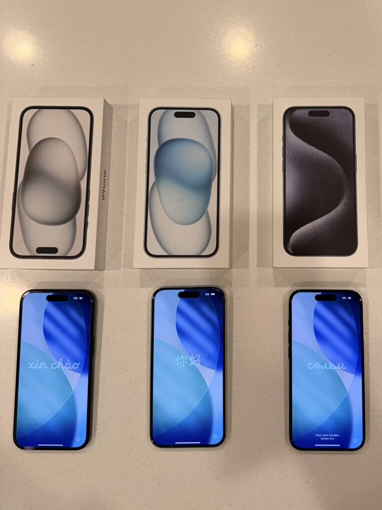 Three iPhone 15s 128GB (One Pro and Two Regular)