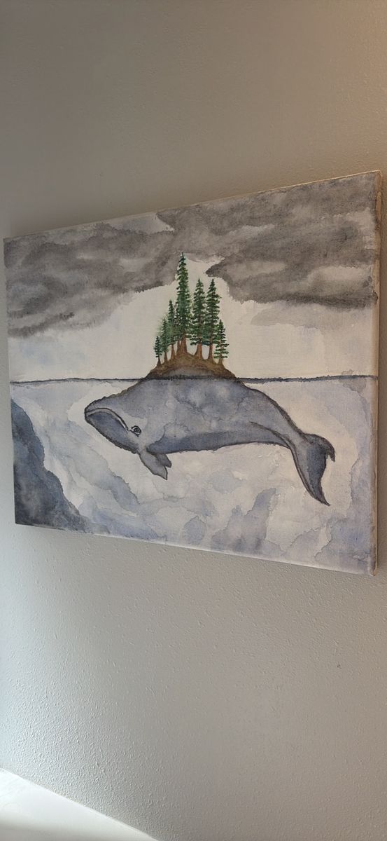 Original Whale and Forest Island Watercolor Painting on Stretched Canvas