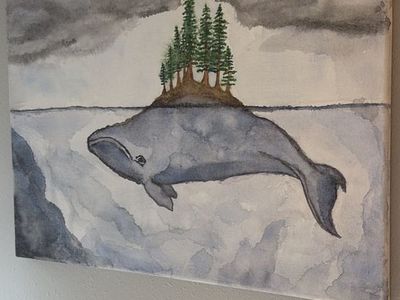 Original Whale and Forest Island Watercolor Painting on Stretched Canvas
