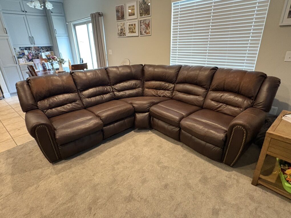 Large Brown Faux Leather Sectional - Recliners