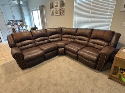 Large Brown Faux Leather Sectional - Recliners