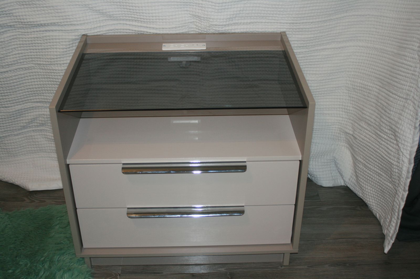 Nightstand, new with glass top and USB power for phones, etc.