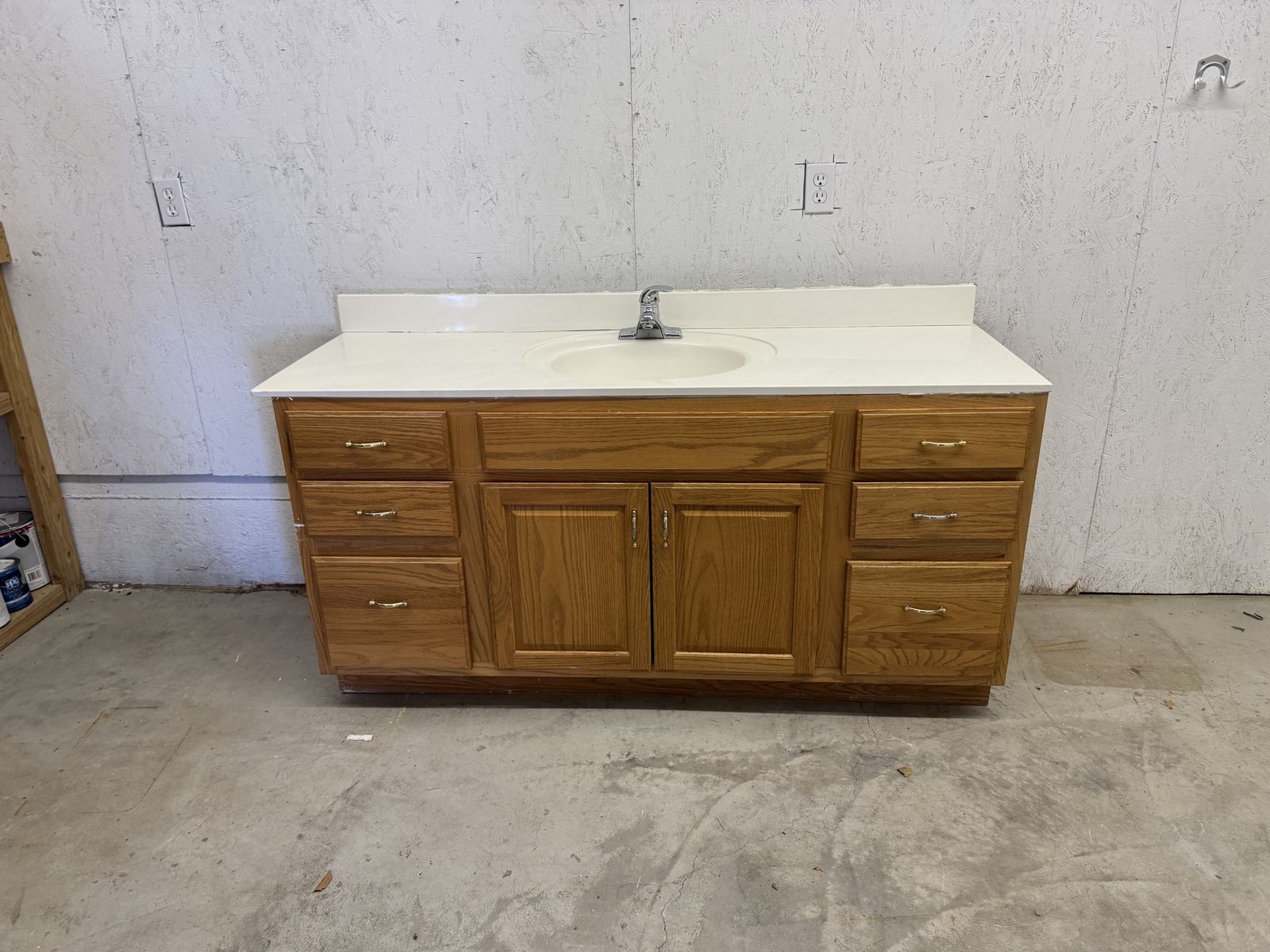 Oak Bathroom Vanity with White Countertop, Cabinets & Drawers
