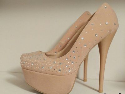 Nude Rhinestone Platform Pumps - Size 6 - High Heel Stiletto
