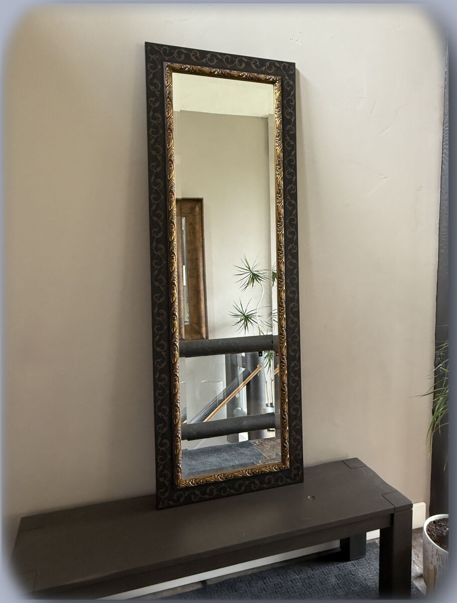 High Quality Large Wall Mirror [Beveled] 18"W x 66"H (x2) Prod# BPMF2228  Black/Gold Stenciled Trim
