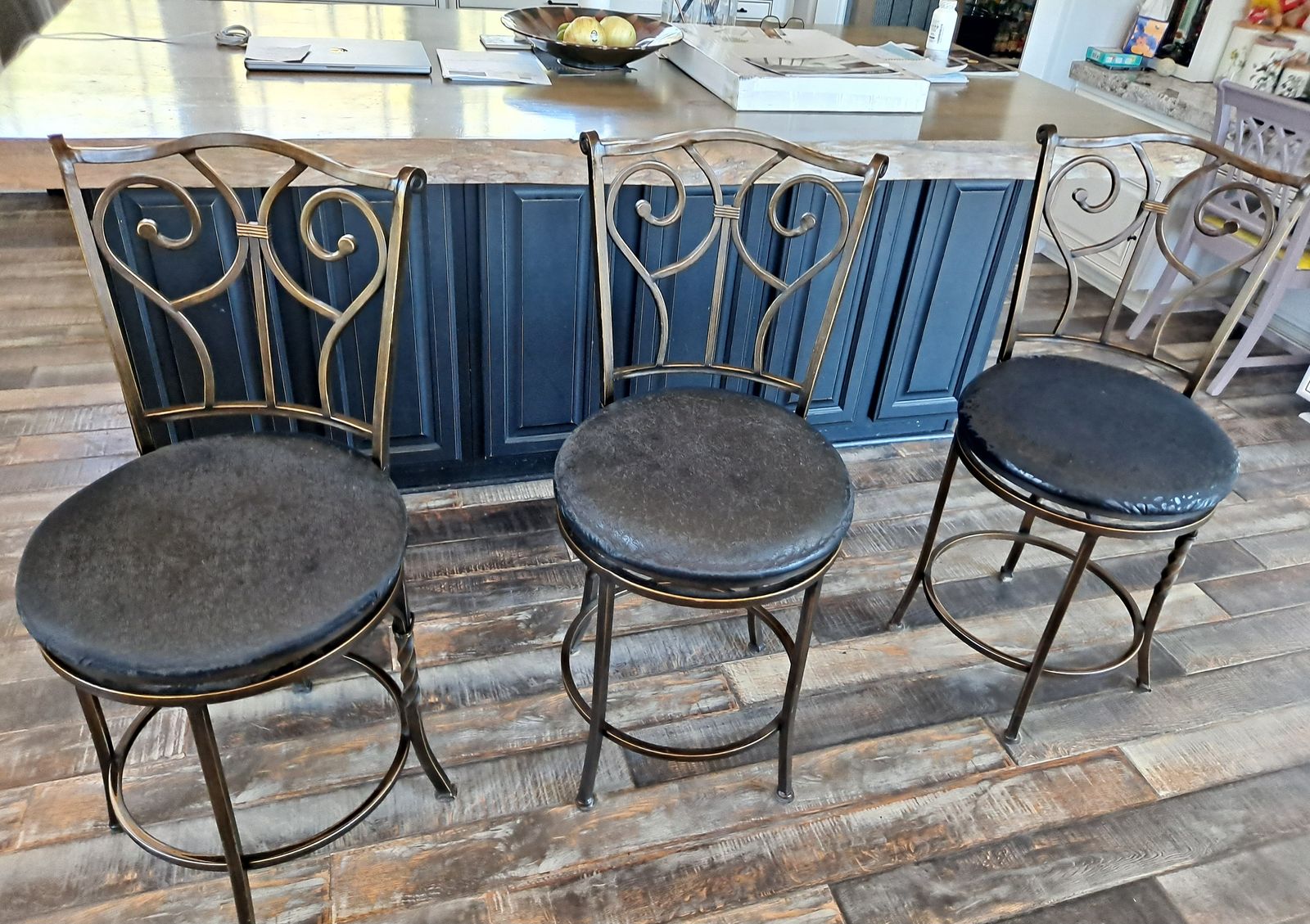 Set of 3 Swivel Bar Stools - Metal Frames, Vinyl Seats (Needs Reupholstering)
