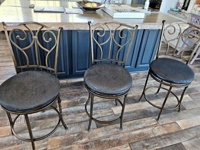 Set of 3 Swivel Bar Stools - Metal Frames, Vinyl Seats (Needs Reupholstering)
