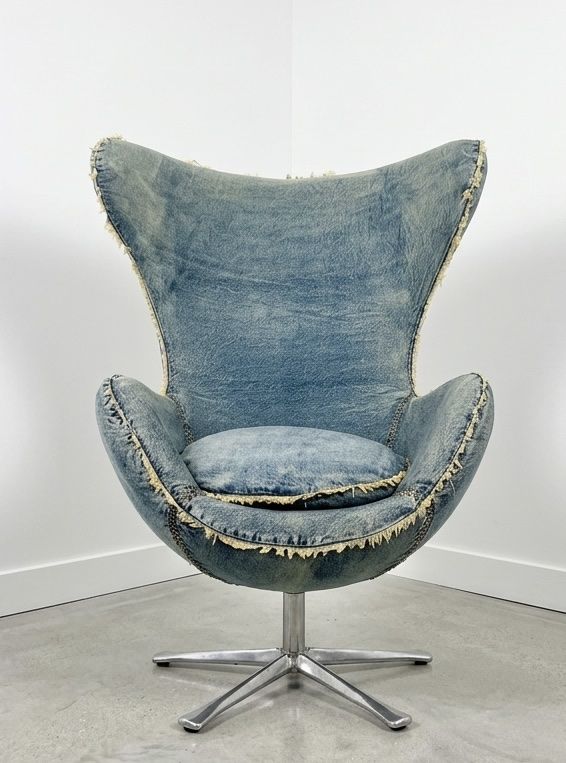 Zuo Modern Collins Blue Denim Egg Arm Chair - Swivel Base, Unique Frayed Seams