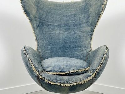 Zuo Modern Collins Blue Denim Egg Arm Chair - Swivel Base, Unique Frayed Seams
