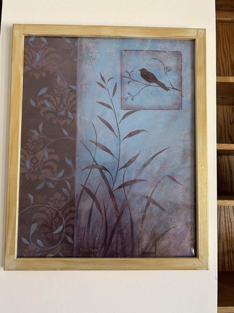 Framed Bird Nature Wall Art Print – Blue & Brown Botanical Design