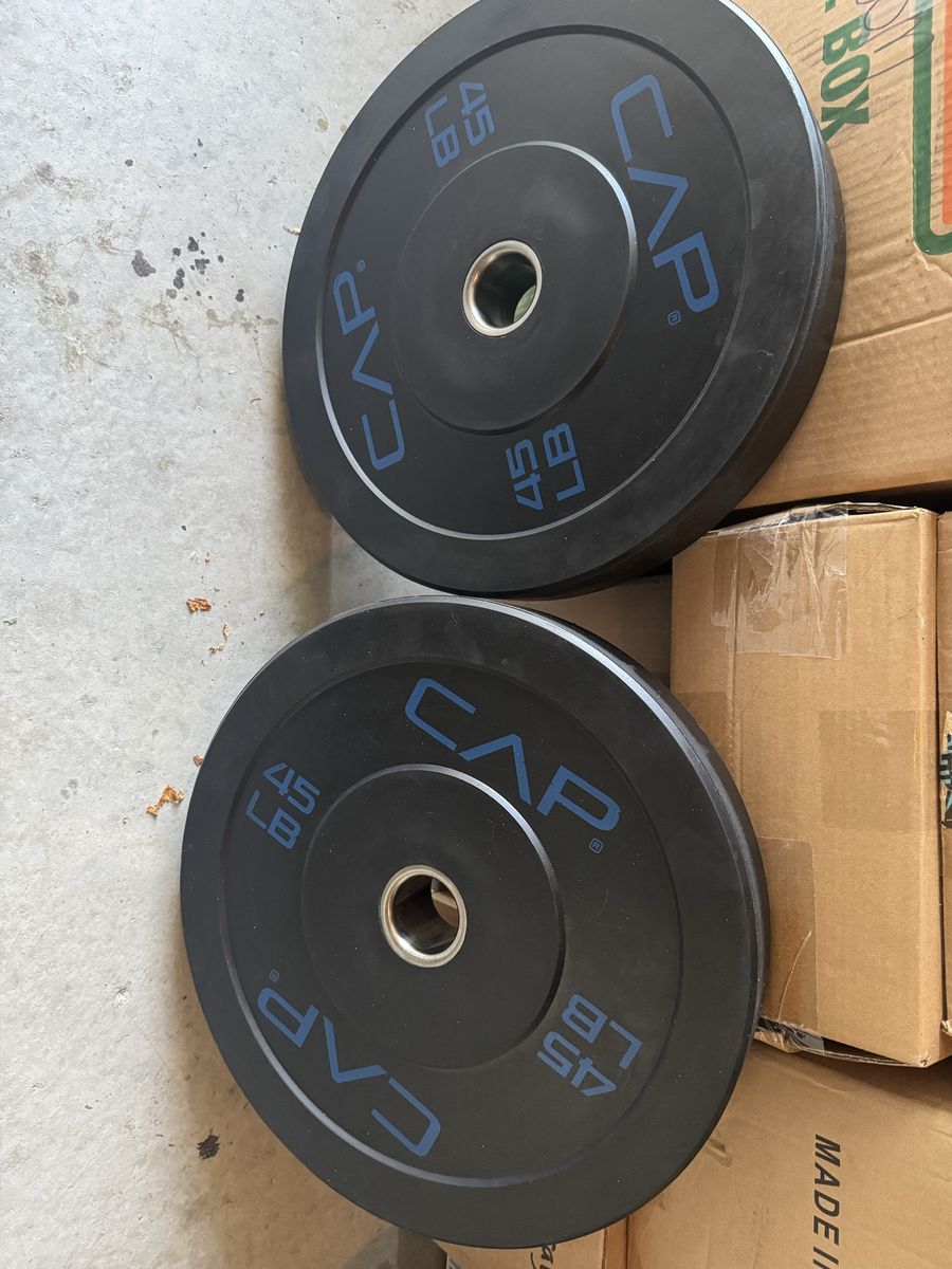 CAP Barbell 45lb Bumper Plate Pair - Black with Blue Lettering