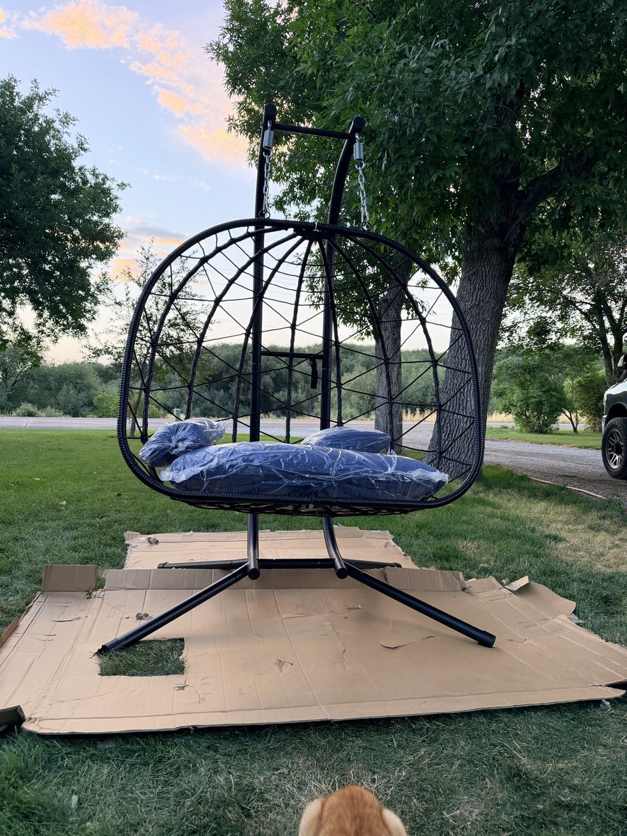 Double Hanging Egg Chair with Metal Stand and Cushions