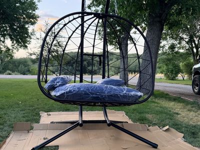 Double Hanging Egg Chair with Metal Stand and Cushions