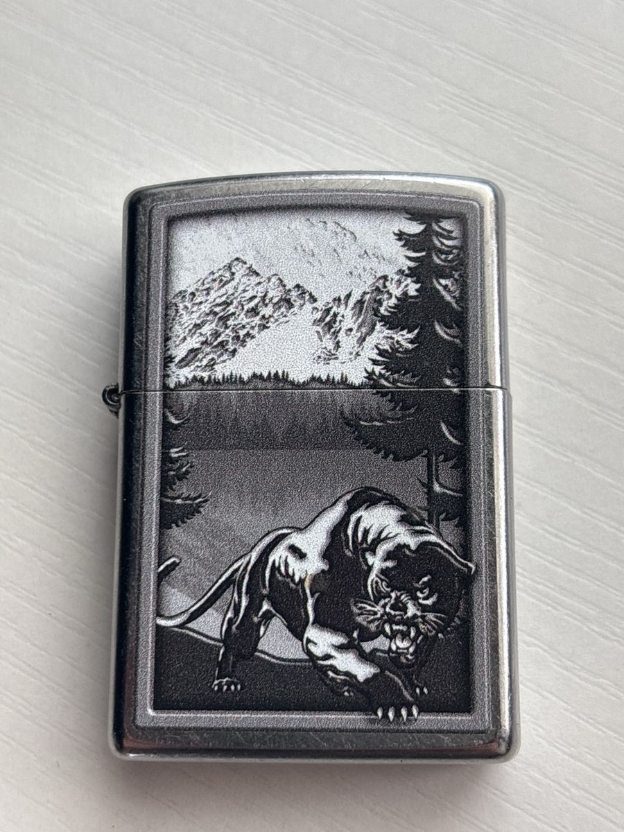 Never used Vintage Zippo Style Lighter Panther Mountain Scene Embossed Metal Case