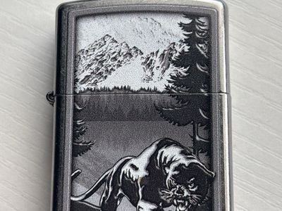 Never used Vintage Zippo Style Lighter Panther Mountain Scene Embossed Metal Case