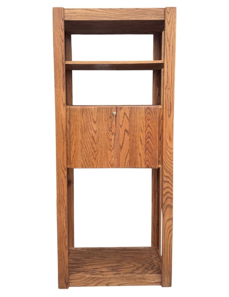 Solid Oak Media Tower Shelving Unit with Lockable Cabinet Drawer