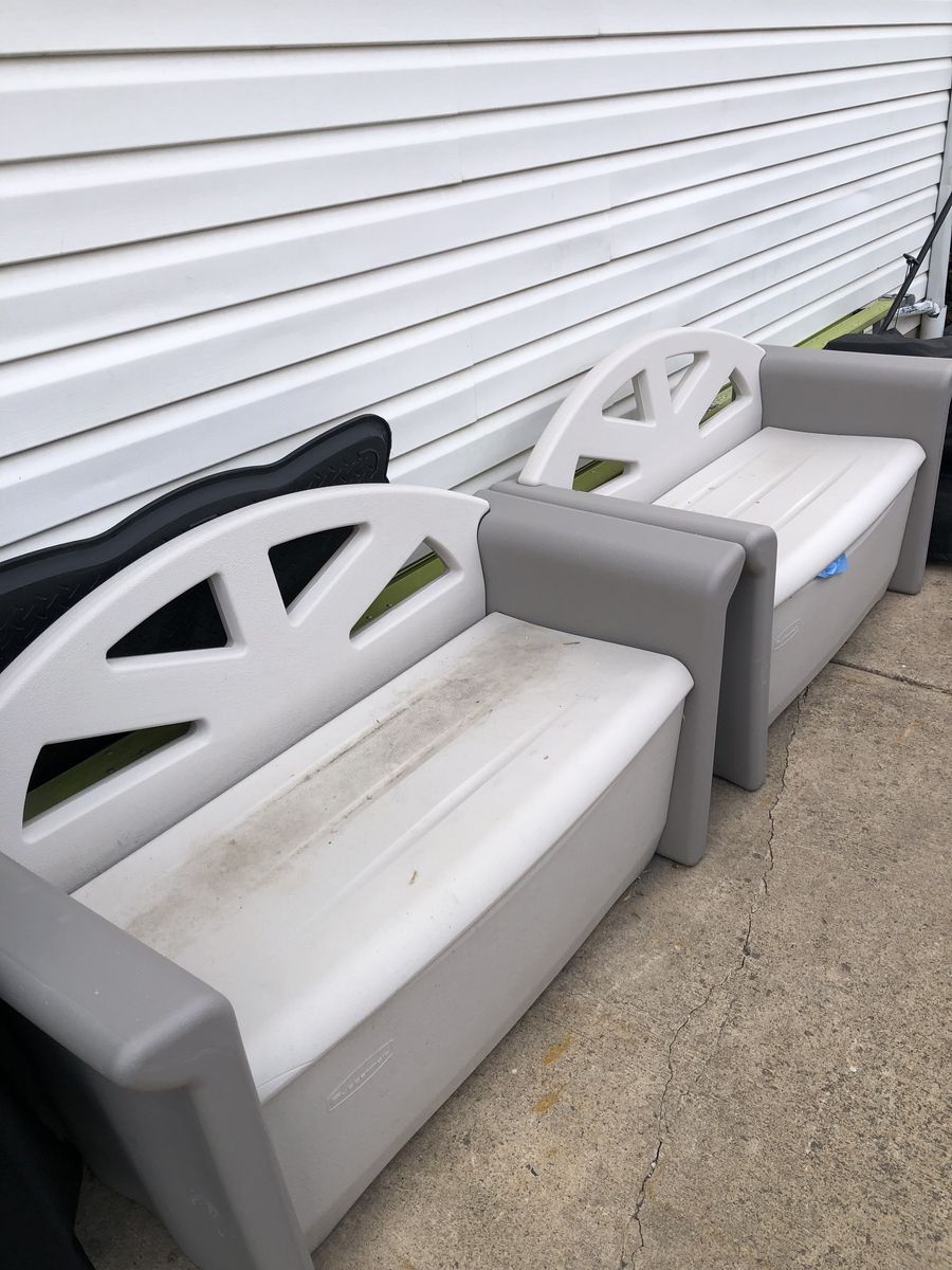 2 Rubbermaid bench storage bins