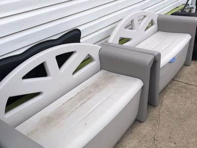 2 Rubbermaid bench storage bins