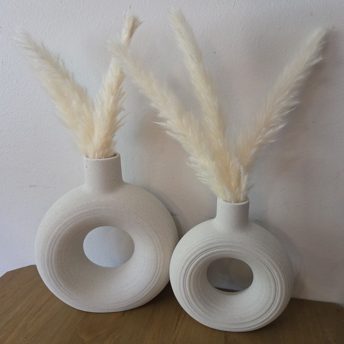 Modern Minimalist Ceramic Donut Vases - Set of 2, Beige, Home Decor Accent, 9.2in & 7.4in
