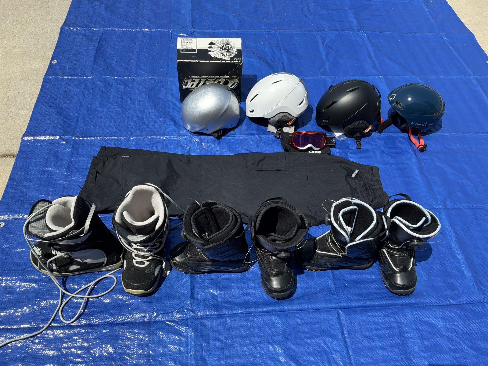 Winter Sports Gear Lot: Snowboard Boots, Helmets, Snow Pants & Goggles