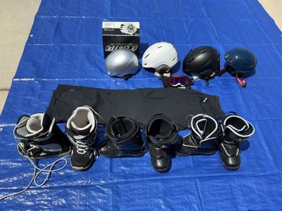 Winter Sports Gear Lot: Snowboard Boots, Helmets, Snow Pants & Goggles