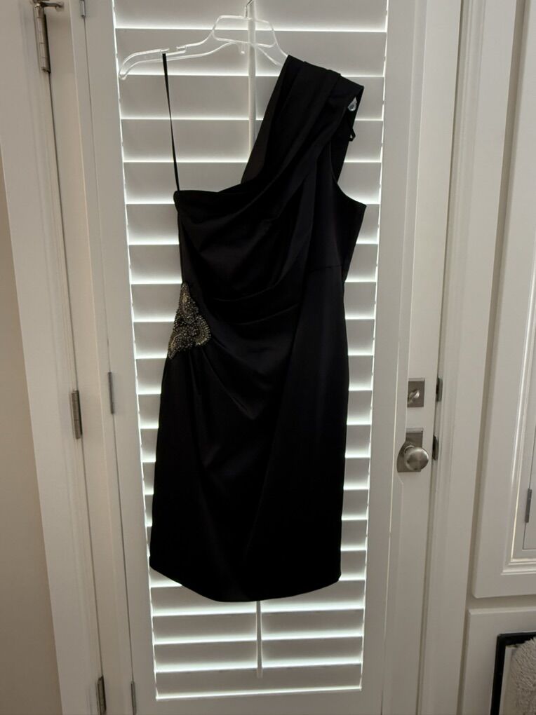 Black Satin One Shoulder Beaded Cocktail Dress