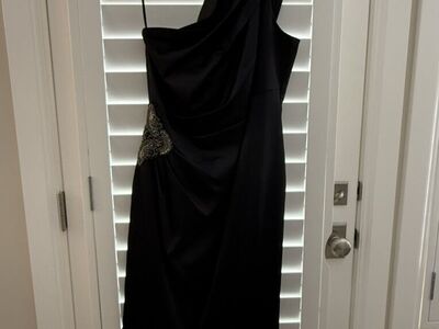 Black Satin One Shoulder Beaded Cocktail Dress