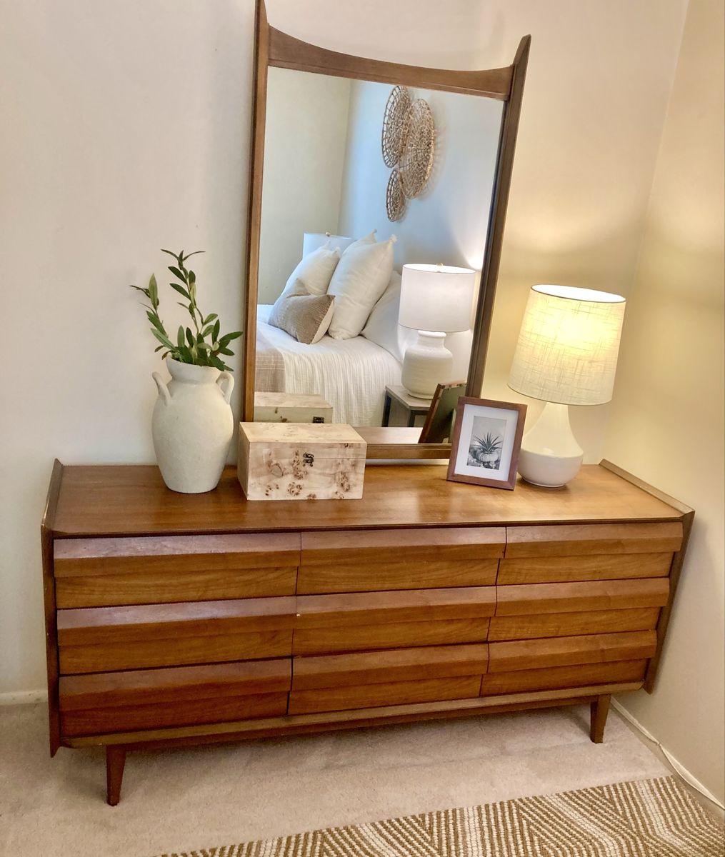 Vintage Lane Furniture First Addition Mid-Century 1960’s Modern Walnut Dresser with Mirror. 