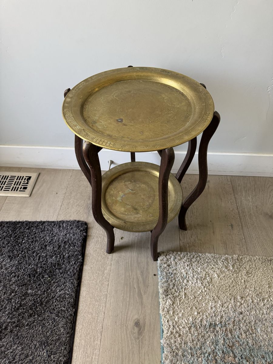 Vintage Asian Brass Two-Tier Accent Table with Carved Wood Frame - Unique Home Decor