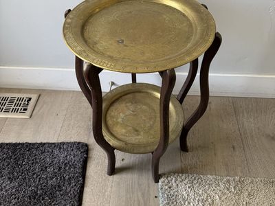 Vintage Asian Brass Two-Tier Accent Table with Carved Wood Frame - Unique Home Decor