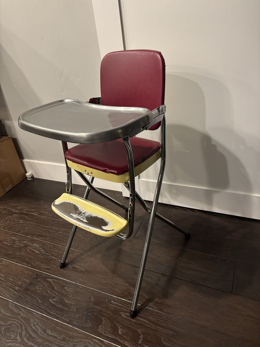 Vintage highchair for older baby/toddler, metal construction, reupholstered seat and back