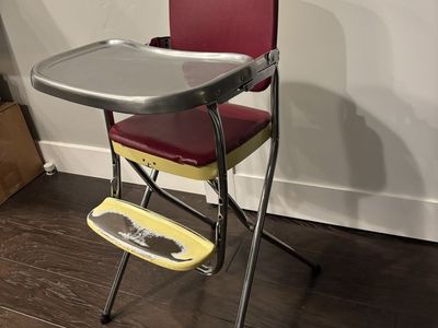 Vintage highchair for older baby/toddler, metal construction, reupholstered seat and back