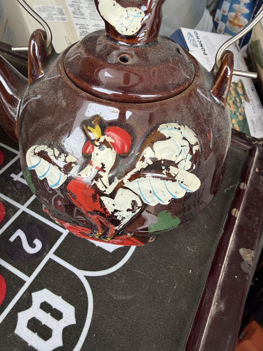 Vintage Brown Ceramic Rooster Teapot with Wire Spring Handle
