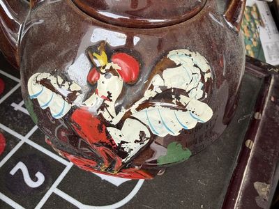Vintage Brown Ceramic Rooster Teapot with Wire Spring Handle